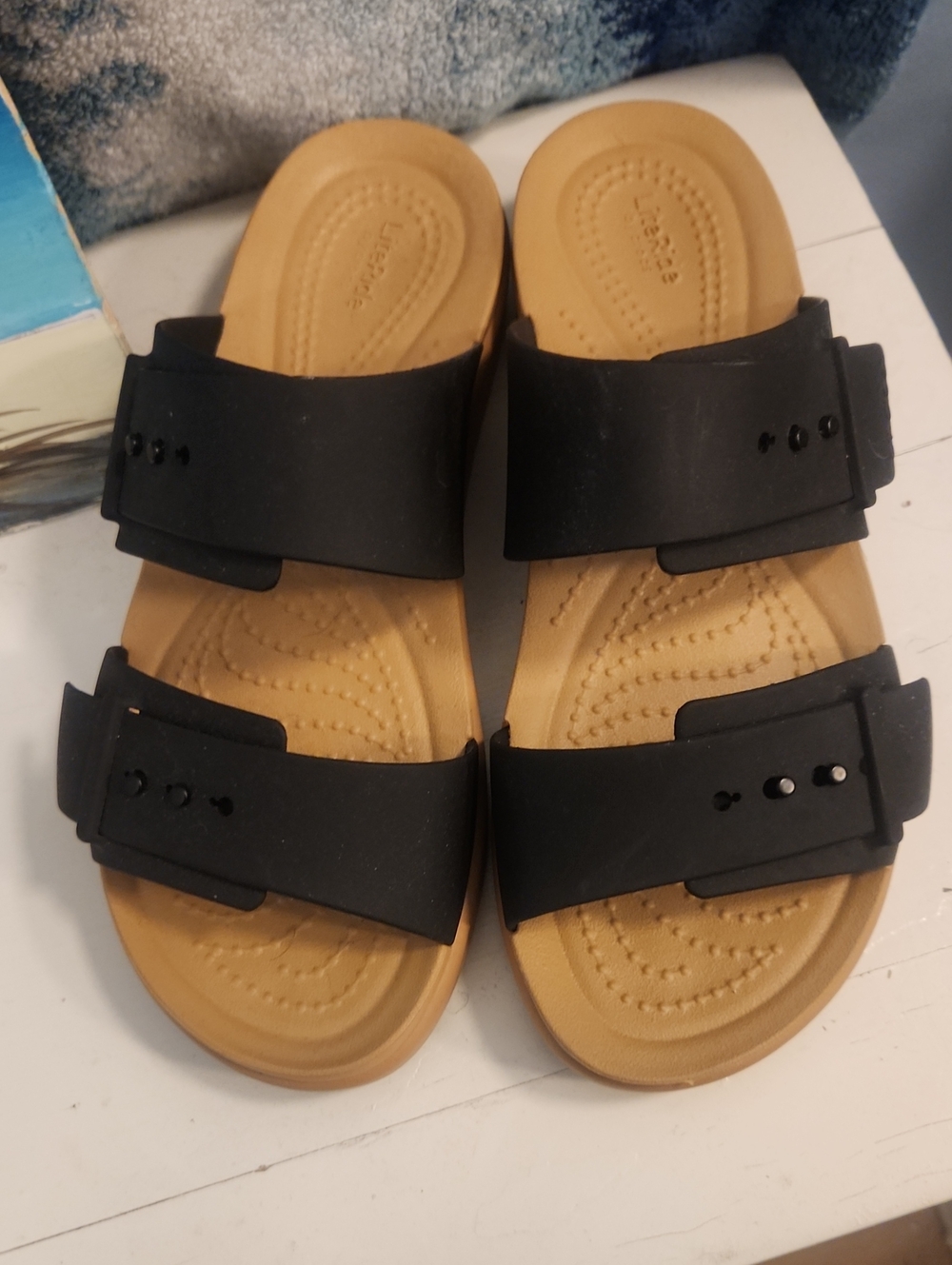 CROCS Black Double-Strap Slide Sandals with Tan Footbed